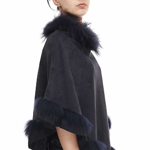 Suedette Navy Poncho With Fur Trim