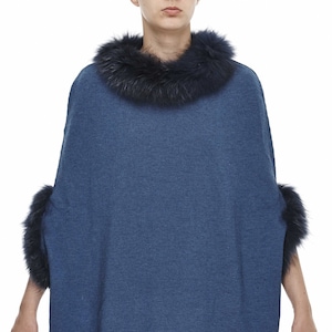 Blue Detachable Fox Fur Trimmed Ribbed Knit Sweater