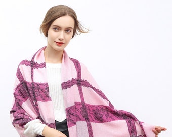 Pink Cashmere Lace Pattern Tobia Frayed Hem Scarf