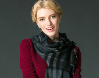 Charcoal Grey Cashmere Checked Jacquard Fringed Edges Scarf