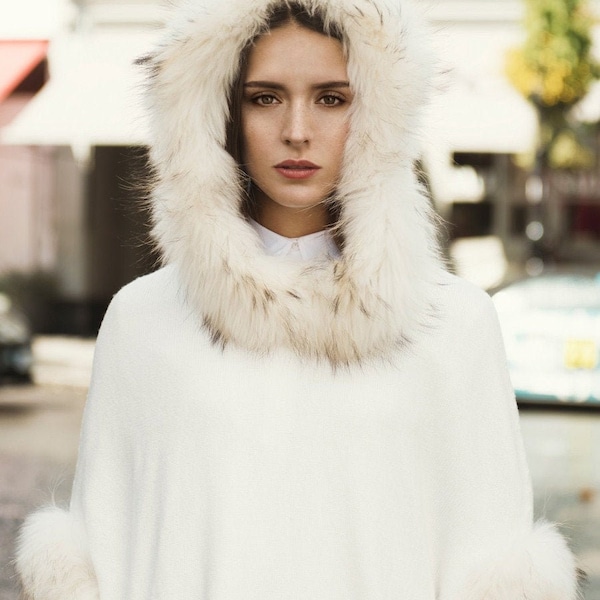 Wool blend White Poncho With Fur Trim Hood