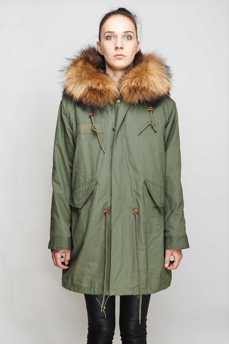 Long Khaki Green Parka Jacket With Natural Brown Fox Fur Hood - Etsy UK