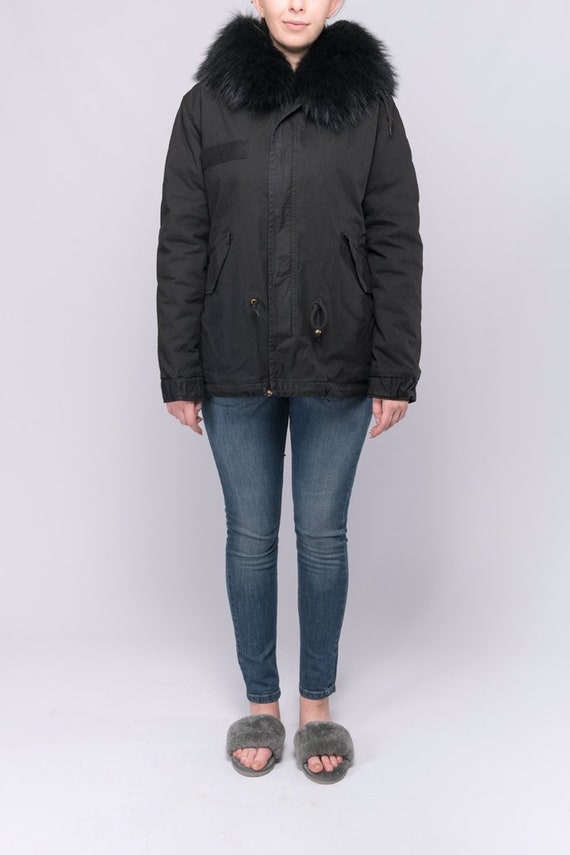 Cotton Canvas, Fox Fur Lined, Black Parka With Black Fox Fur Hood