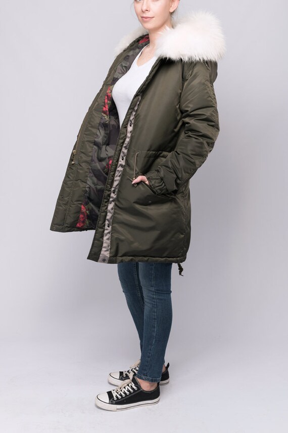 Green Army Nylon Down Jacket Parka With White Fox Fur Trim Hood l Etsy UK