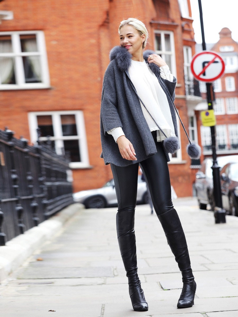Dark Grey Cashmere Detachable Fox Fur Hood Trim Cardigan With - Etsy UK