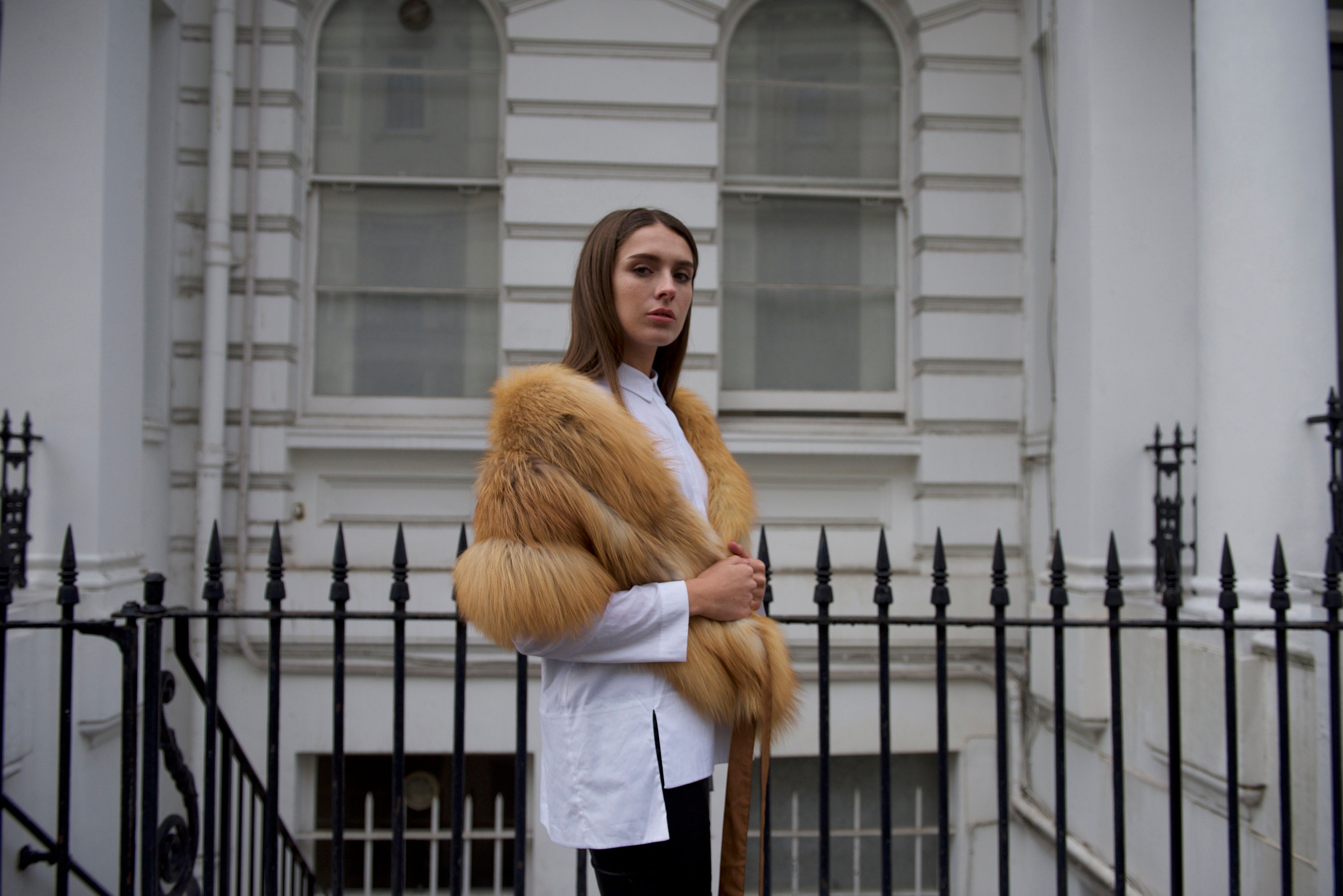 Long Amber Fox Fur Collar Stole Wrap With Straps