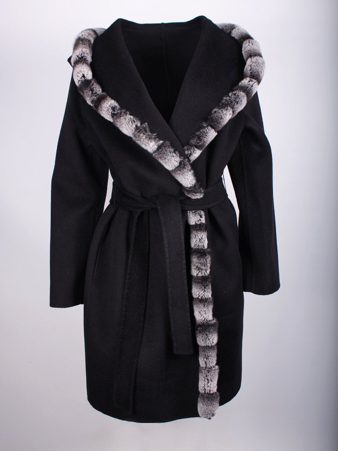 Rex Rabbit Coat Patterns Hooded Wool Coat Black With Rex Rabbit Fur Trim - Etsy