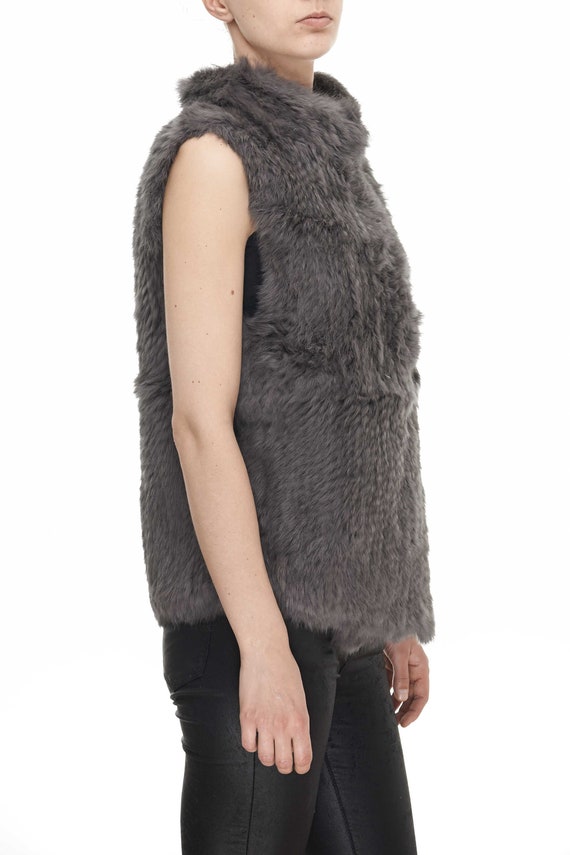 Veste sans manches en tricot de fourrure de lapin gris fonce Etsy France