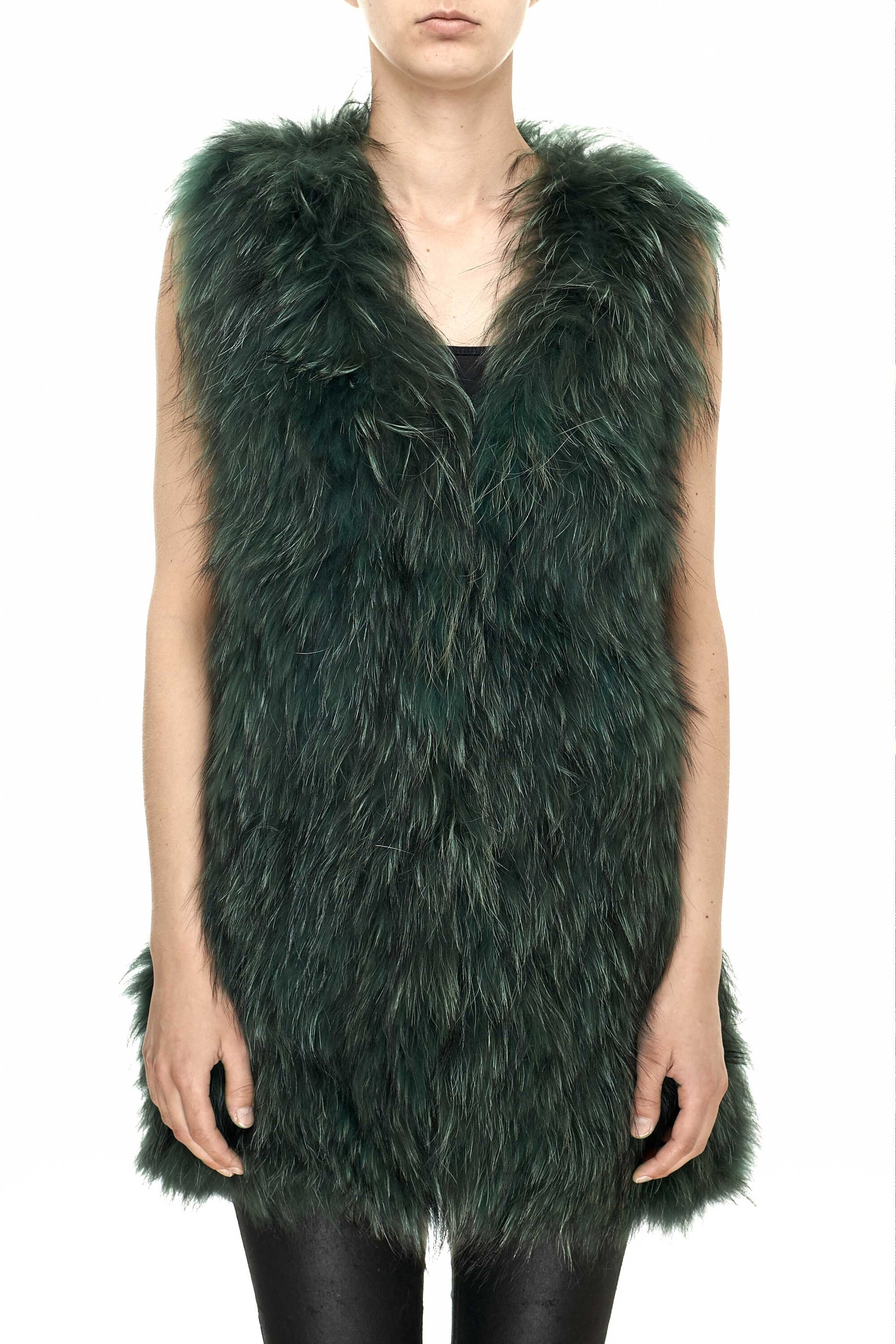 Knitted Fox Fur Long Dark Green Gilet
