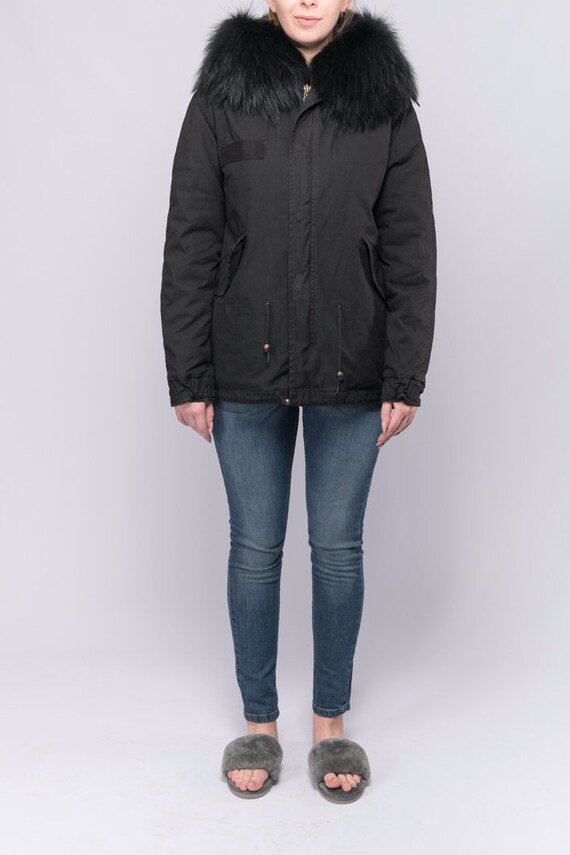 ブラックフォックスファーフード付きパーカージャケット - Etsy 日本