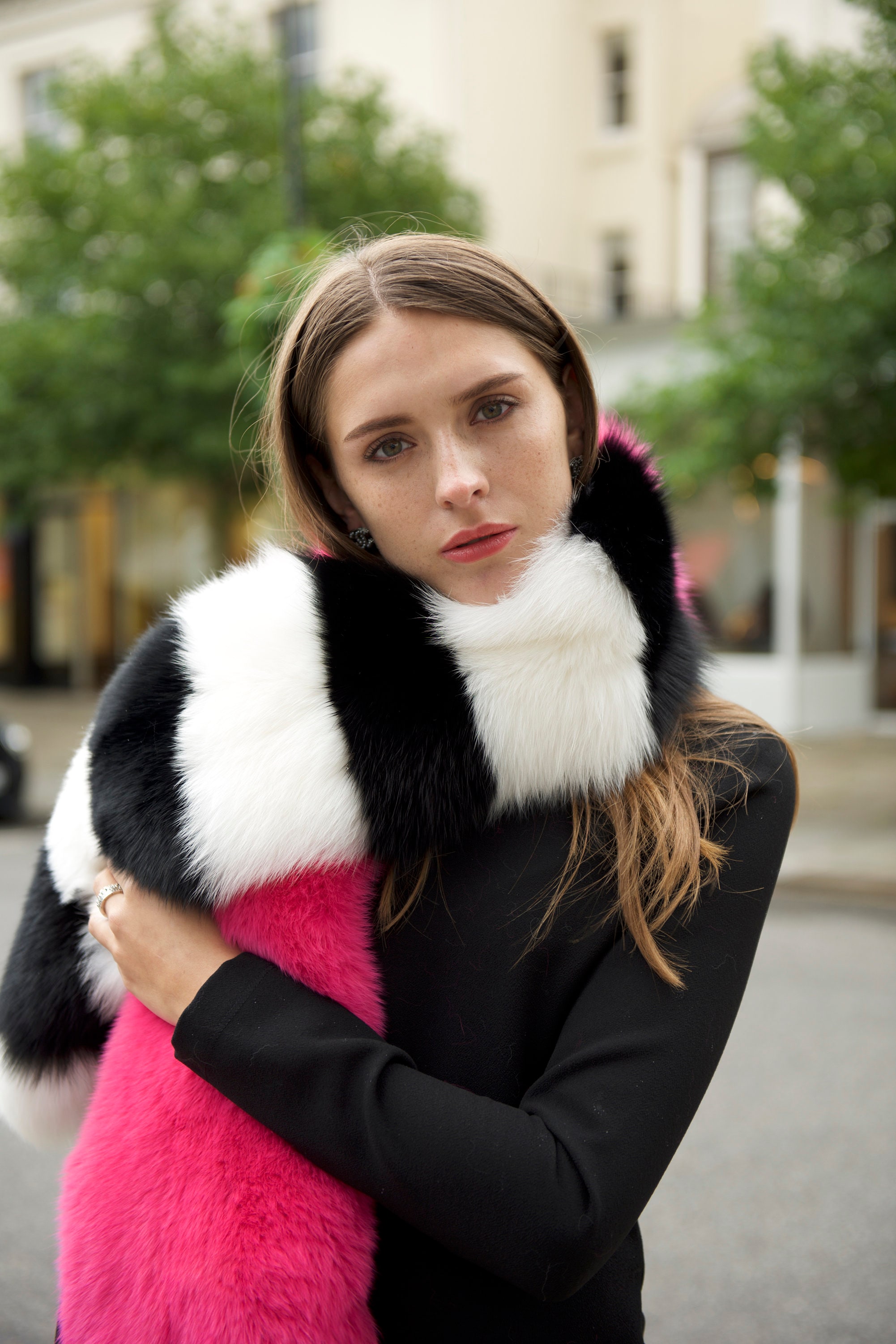 Fox Fur Stole / Scarf Pink, Black and White Striped - Etsy