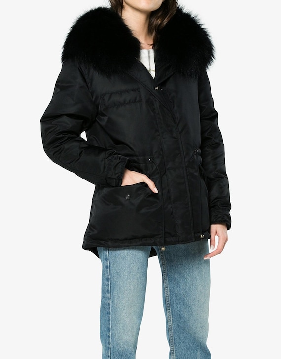 Nylon Down Black Jacket Parka With Fox Fur Trim Hood