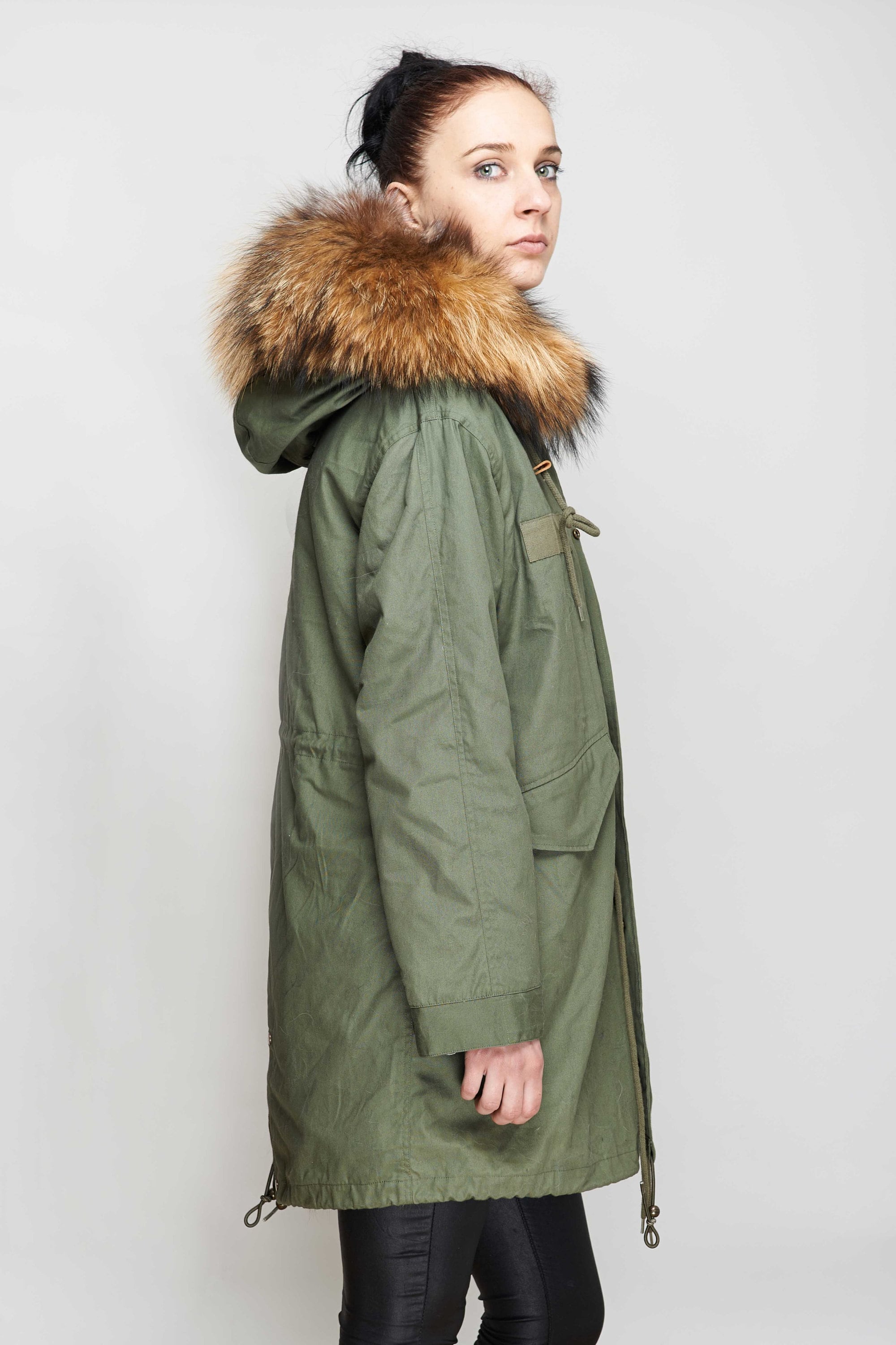 Green parka jacket shop with fur hood