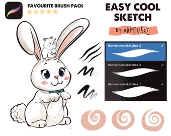 May include: A digital illustration of a white rabbit with a small hamster on its head. The illustration is surrounded by brush strokes and swirls. The text "EASY COOL SKETCH BY HAMEOART" is at the top of the image. The text "Hameo cool sketches 1, 2, and 3" is below the brush strokes.