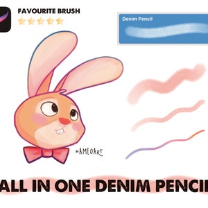 May include: A digital illustration of a cute cartoon bunny wearing a bow tie. The image also shows a digital brush stroke in blue, pink, orange, and purple. The text "All in One Denim Pencil" is at the bottom of the image.