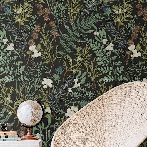 Botanical Dark Leaves Wallpaper Peel and Stick Wallpaper Etsy