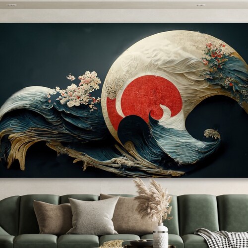 Japanese Wall Art Moon and Sakura Modern Art Japanese Wave Etsy