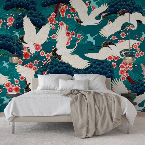 Chinoiserie Wallpaper Vintage Crane Wallpaper Peel and Stick Etsy