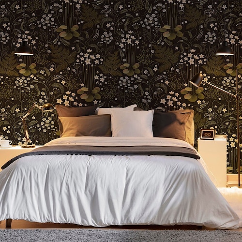 Dark Botanical Wallpaper Peel and Stick Vintage Flowers Etsy