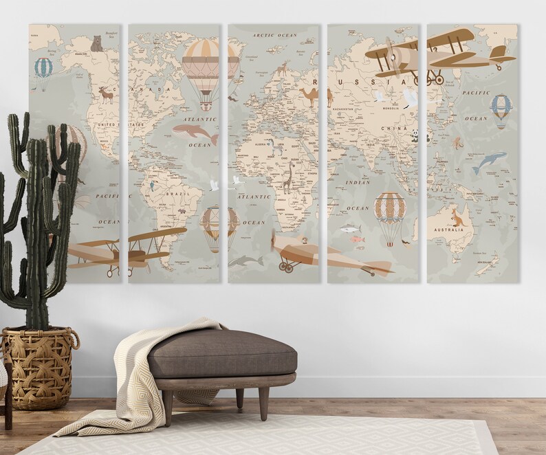 Nursery World Map Canvas Kids World Map Decor Kids Map Print Etsy