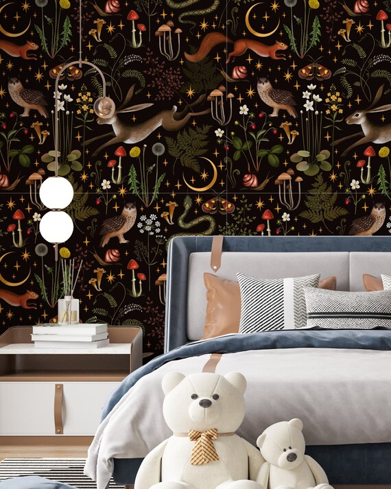Vintage Nursery Wallpaper Woodland Animals Wallpaper Mushroom Etsy