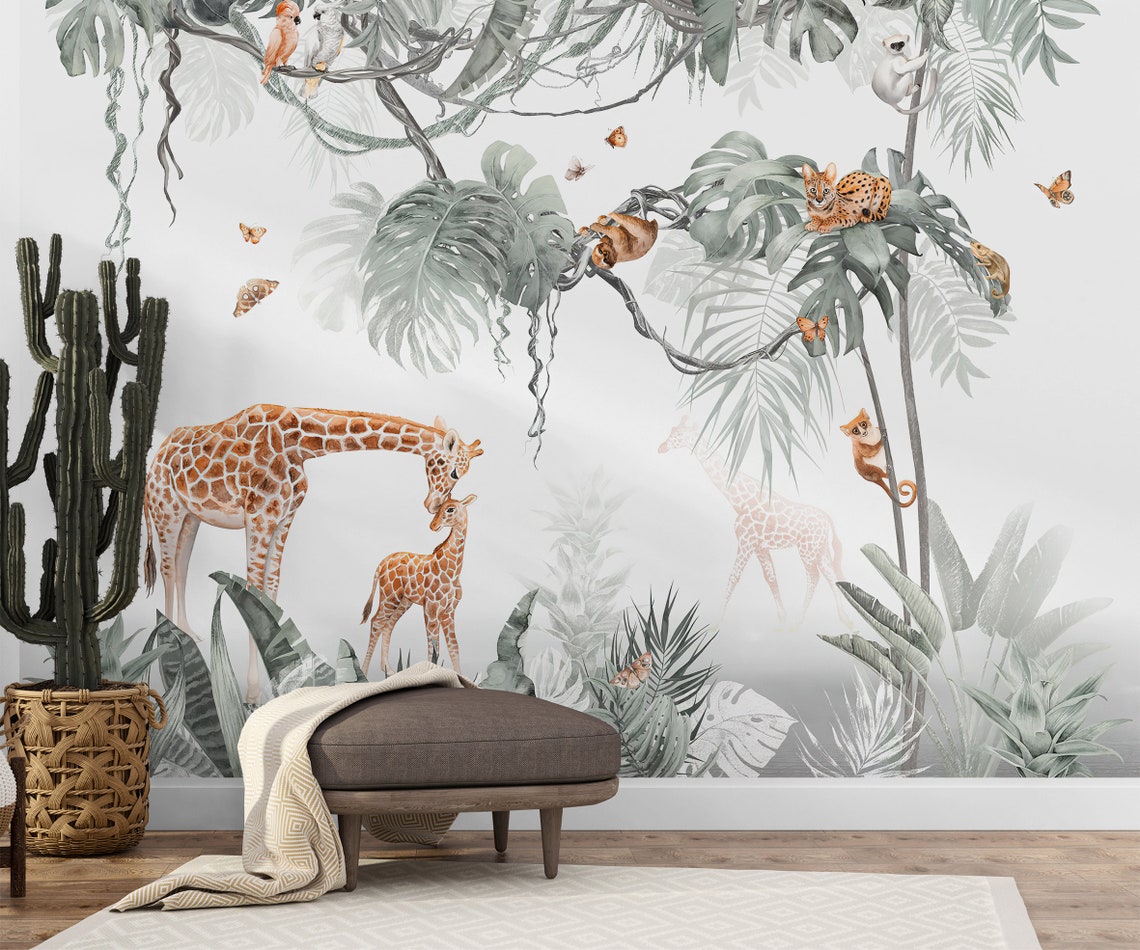 Safari Wallpaper Nursery Wall Mural Jungle Palms Animals Etsy
