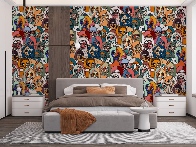 Removable Wallpaper Art Deco Bright Wallpaper Line Art Women Etsy