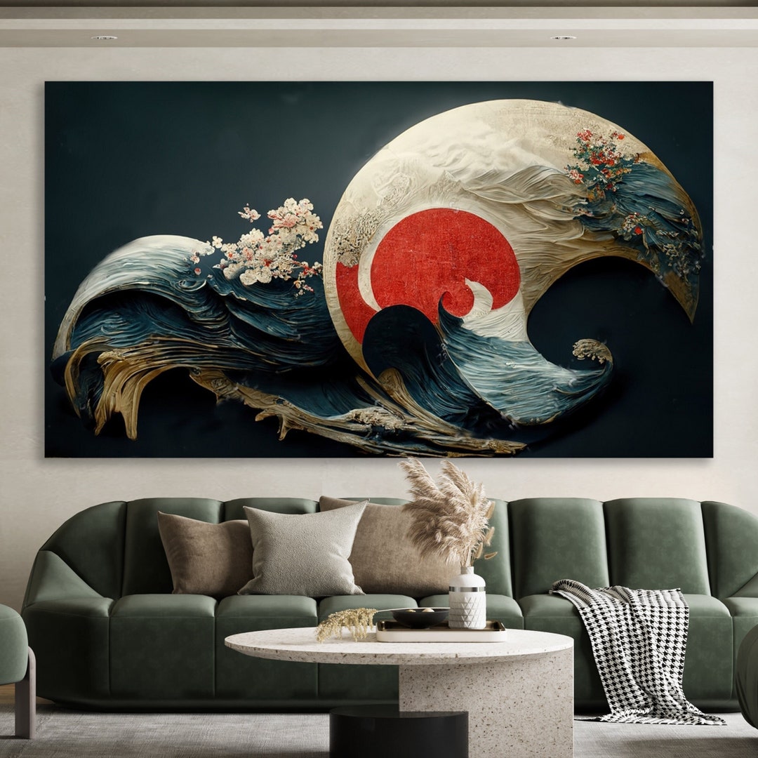 Japanese Wall Art Moon and Sakura Modern Art Japanese Wave Etsy