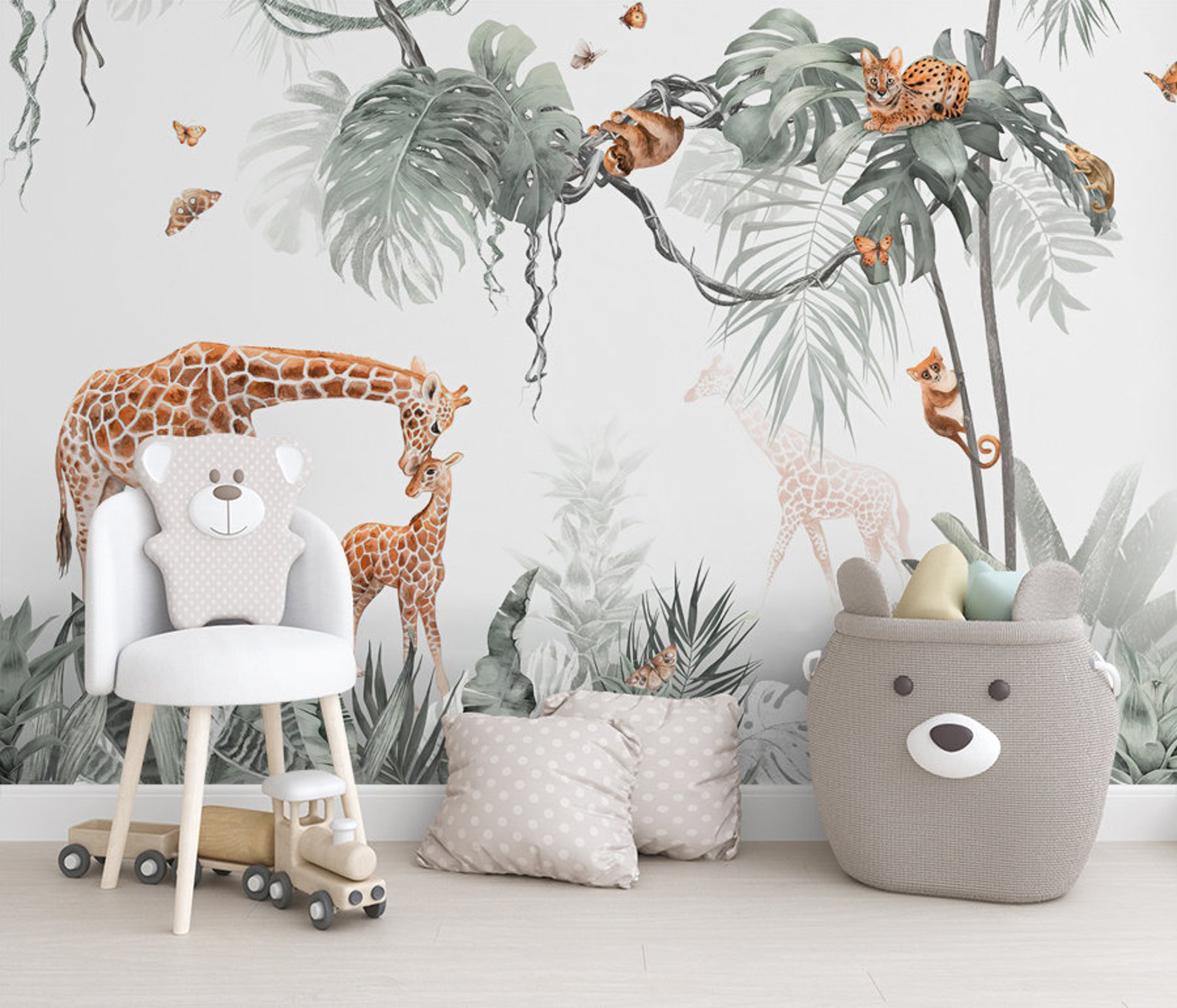 Safari Wallpaper Nursery Wall Mural Jungle Palms Animals | Etsy