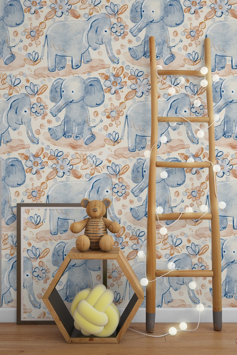 Cute Elephants Wallpaper Peel and Stick Nursery Wallpaper Etsy