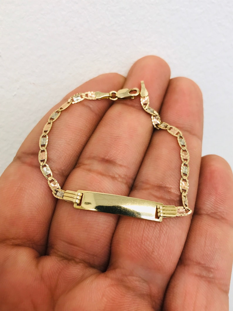 Pulsera Para Bebe De Oro 14k Para Cumplea\u00f1os 14k Gold Tri-Color Baby ID Bracelet 6 Valentino Link,Kids Bracelet Real Gold Free Engraving