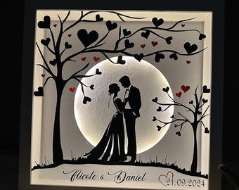 Gepersonaliseerd lichtframe met bruidspaar voor bruiloft, huwelijksjubileum, gouden bruiloft, diamanten bruiloft, robijnen bruiloft, zilveren bruiloft