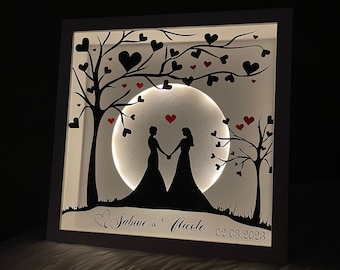 Illuminated frame with couple (she/her - woman/woman - lesbian couple) PERSONALIZED gift for wedding wedding anniversary