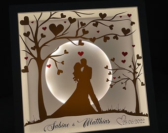 Gepersonaliseerd lichtframe met bruidspaar voor bruiloft, huwelijksjubileum, gouden bruiloft, diamanten bruiloft, robijnen bruiloft, zilveren bruiloft