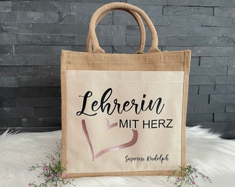 Jutebeutel Jutetasche PERSONALISIERT Abschiedsgeschenk Schule Kindergarten Lehrerin mit Herz Erzieherin mit Herz