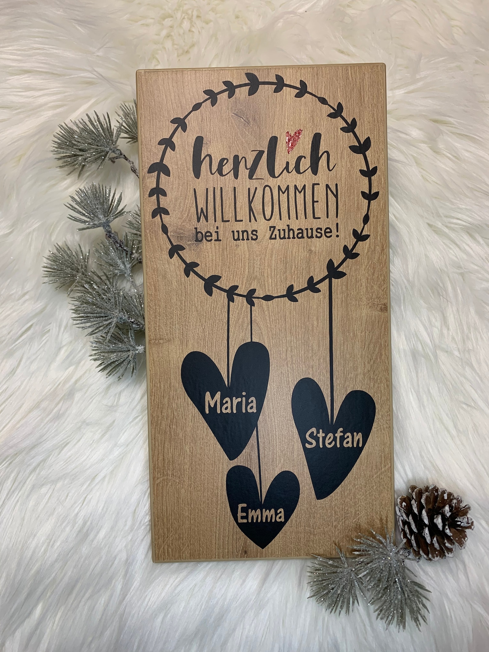Holzbrett mit Spruch "Herzlich Willkommen" Willkommensschild Geschenk