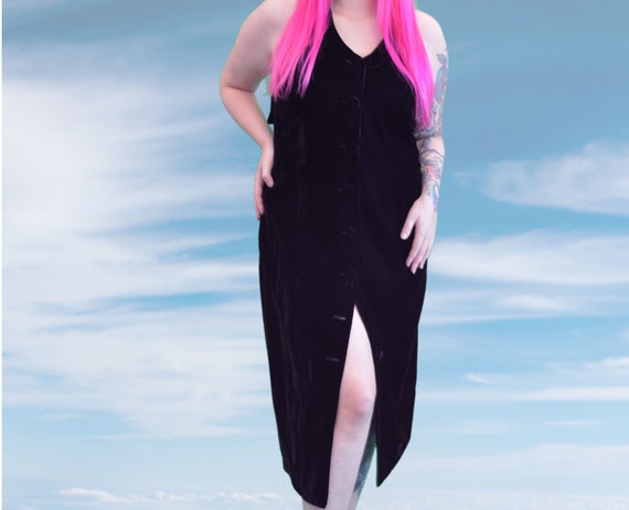 1980s Black Velvet Button Front Dress Vintage