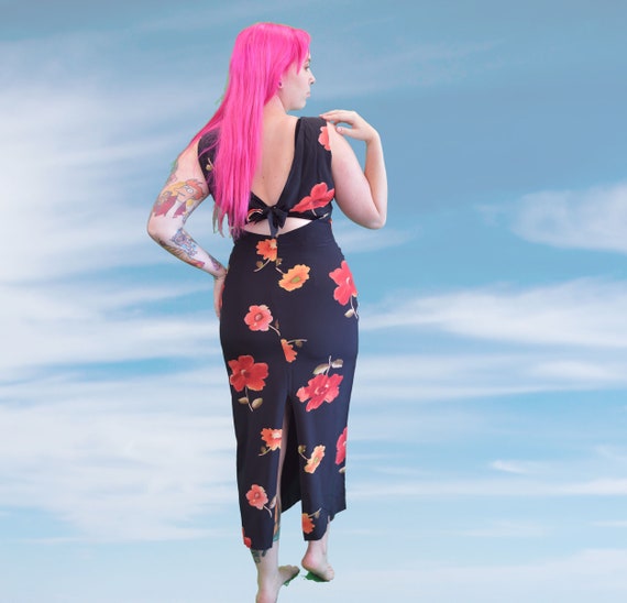 1990s Black Silk Dress with Orange Floral Print Ma