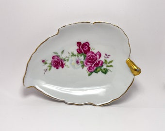 Decorative Fine Bone China/Porcelain in Leaf Shape with Floral Roses Hand Painted with Gold Gilt Plate/Dish- Use for Jewelry, Keys, etc