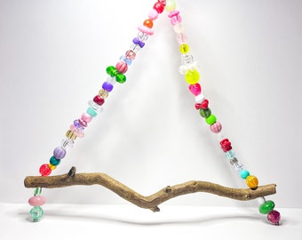 Handmade Fun Swing for Small Birds Colorful Beaded Swing w/Natural Wood & Stainless Steel Under Completely Beaded Sides- Enrichment Swing