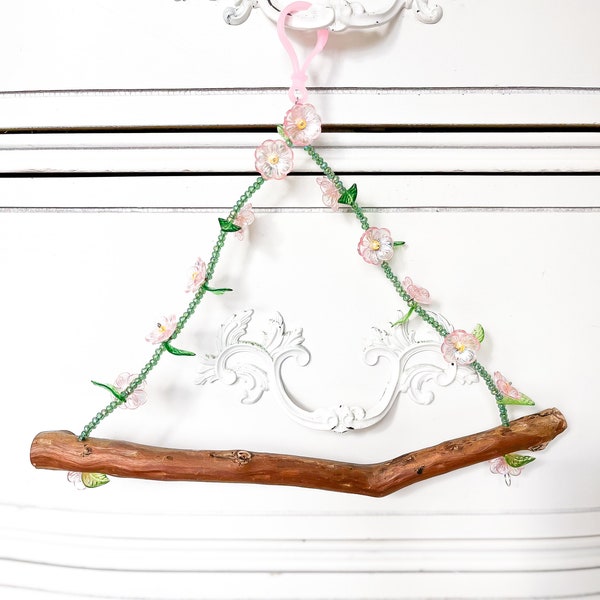 Handmade Exact Item 10.75” Long Floral Cottagecore/ Fairycore Style Swing for Small Parrots- Hoops at Bottom for Convenience of Hanging Toys