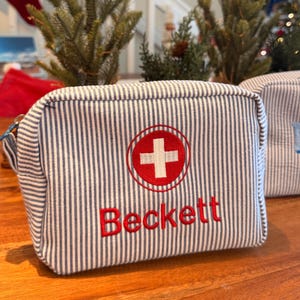 Personalized Seersucker First Aid Bag: Monogrammed Travel Pouch