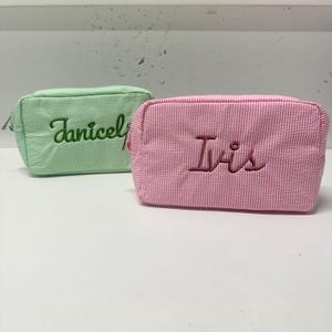 Personalized Seersucker Cosmetic Bag, Monogrammed Toiletry Bag, Travel Bag, Bridesmaid Proposal Gift, Bridesmaid Makeup Bag, Cosmetic Pouch