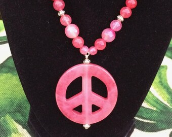 Jade Pendant Necklace and Earring Set,  Pink Jade, Pink Necklace, Pink Jade Pendant, Jade Pendant, Peace Necklace, Peace Symbol Pendant