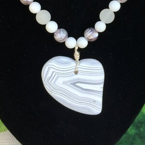 White Banded Agate Heart Pendant Necklace & Earrings Set