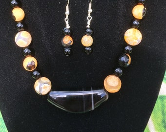 Fire Agate Necklace and Earring Set, Yellow and Black, Fire Agate Necklace, Yellow and Black Necklace, Agate Necklace, Yellow Necklace