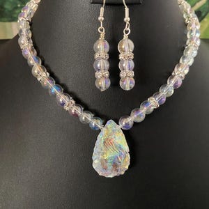 Angel Aura Quartz Pendant Necklace and Earrings Set: Iridescent Rainbow Gemstone Jewelry