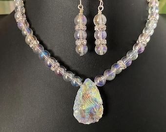Angel Aura Quartz Pendant Necklace and Earrings Set: Iridescent Rainbow Gemstone Jewelry