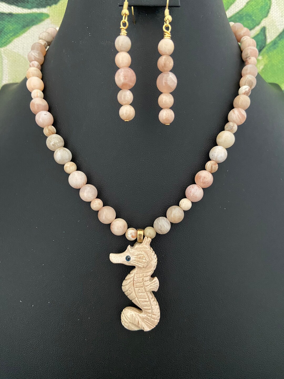 Soapstone Seahorse Pendant Necklace and Earrings, Soapstone, Soapstone Necklace, Soapstone