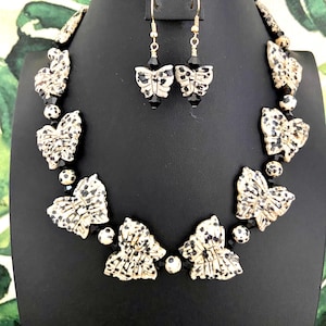 Dalmatian Jasper Necklace & Earrings Set: Butterfly Accent